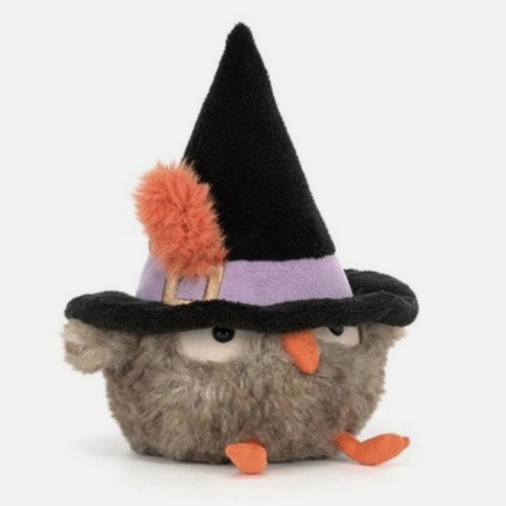 Jellycat Plush Owl with Witch Hat - Black, Orange, Purple
